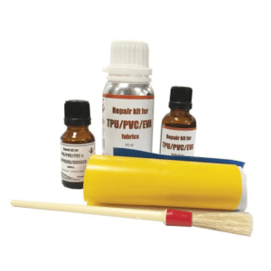 Hercules Repair Kit for TPU/PVC/EVA Fabrics Kit consists of 3 bottles of resins, brush and strips of fabric